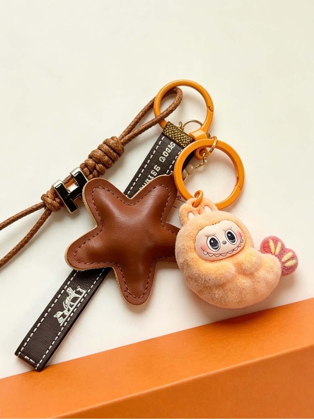 Orange & Brown Star Plush Keychain with Peach Plush Charm